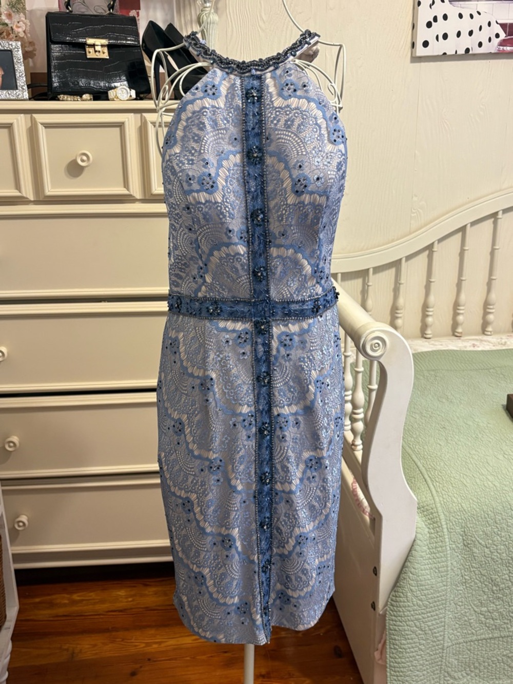 Terani Couture Light Blue Lace Halter Midi Dress with Beaded Trim